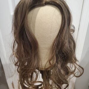 Hair Topper 4Clip In  Wig Lace Base Ash Brown Curly Synthetic NWOT Free Topper